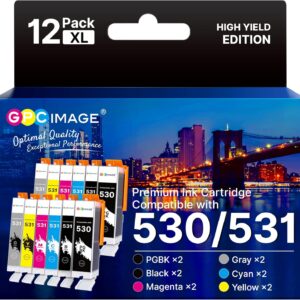 GPC IMAGE 530 531 XXL Ink Cartridges Compatible with Canon PGI 530 CLI 531 Printer Cartridges for Canon Pixma TS8750 Cartridges TS8751 TS8550 TS8551 (Pack of 12, Black PGBK/BK, Cyan, Magenta, Yellow, Grey)