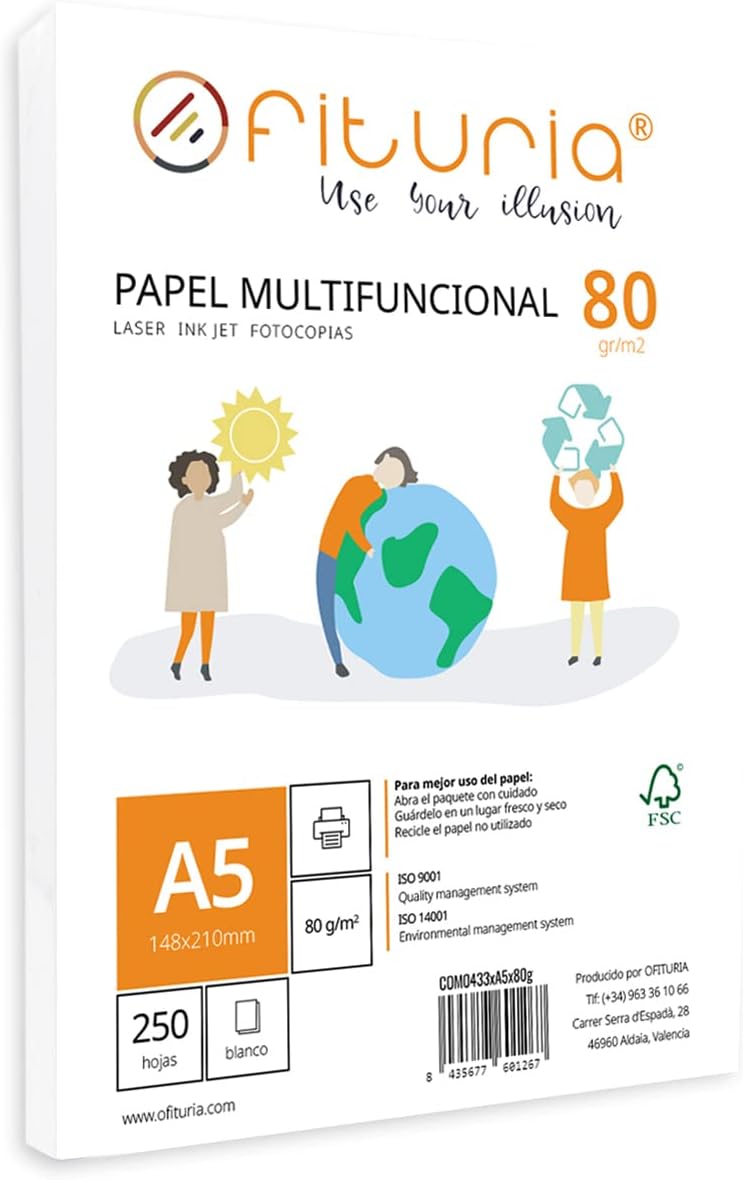 Pack of 80g A5 Sheets, 250 Sheets of White Multifunction Paper for School and Laboratory, Ideal for Laser Printers, Inkjet Printers or Copiers - Ofituria