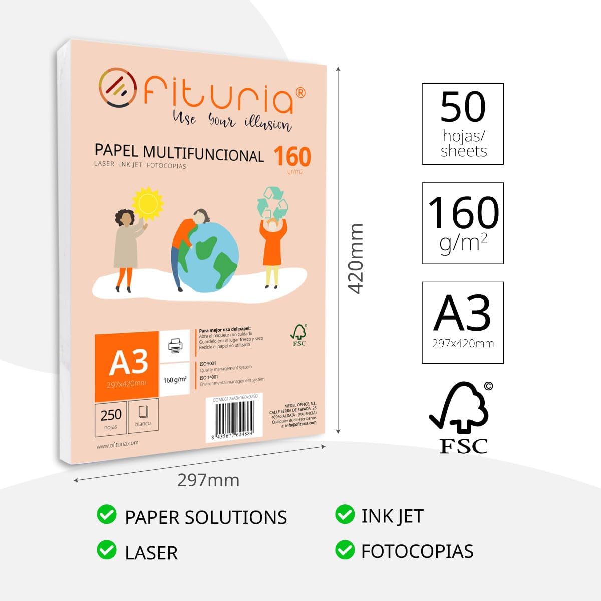 Pack of 50 White A3 Sheets 160g Printer Paper Multifunctional Copier Paper for School and Office Ideal for Laser Printers, Inkjet Printers or Copiers - Ofituria – Bild 2