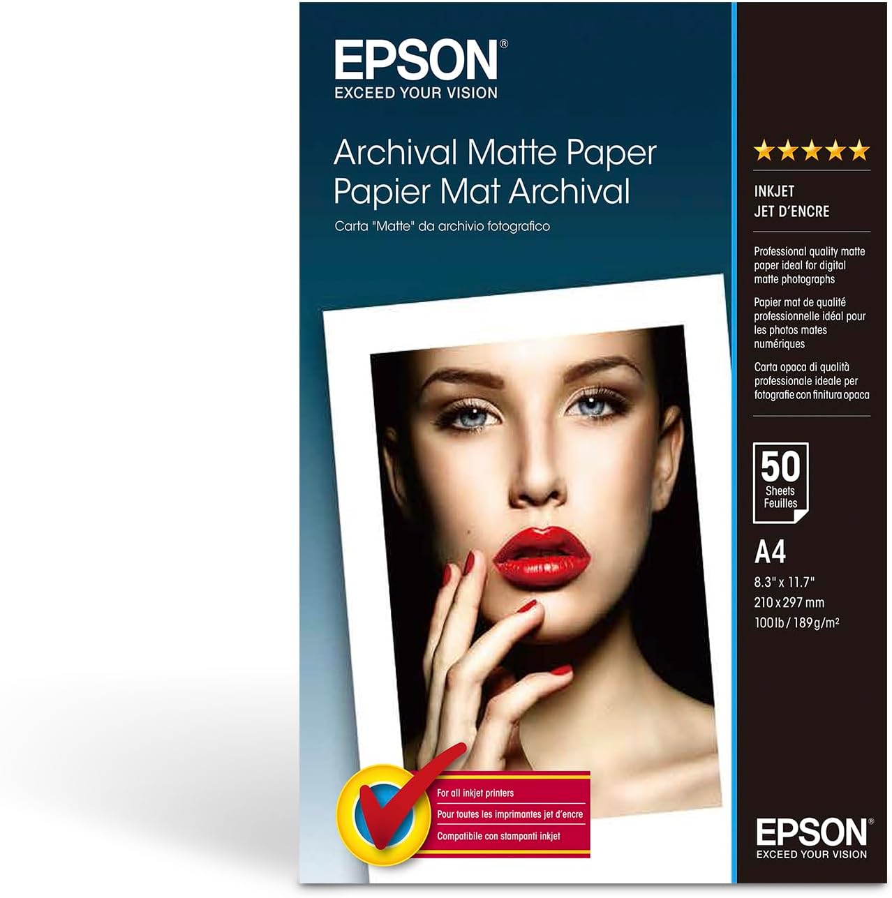 Epson Archival Matte Paper, A4, 210 x 297mm, 189 g/m2, 50 Sheets