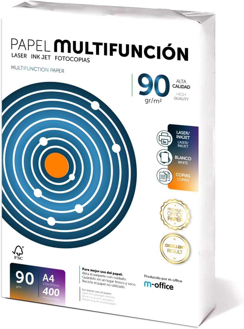 Folios A4 90g 400 Sheets Multipurpose Paper for Printer, Laser Printer and Injection Printer, Copier, Fax for Office, School Supplies, Sheet Pack, m-office (400 Sheets, 90 g)