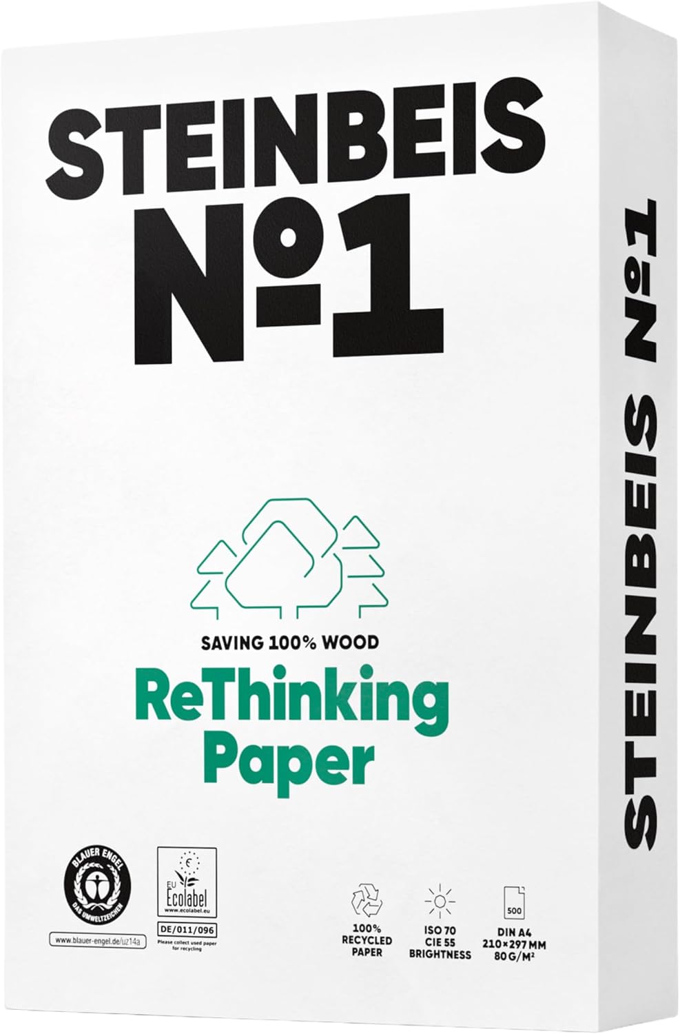Steinbeis No.1 Printer Paper - 2500 (5 x 500) Sheets DIN A4 Recycled Paper 80gsm White & Chlorine Free High Quality Copier Paper ISO 70 / CIE 55