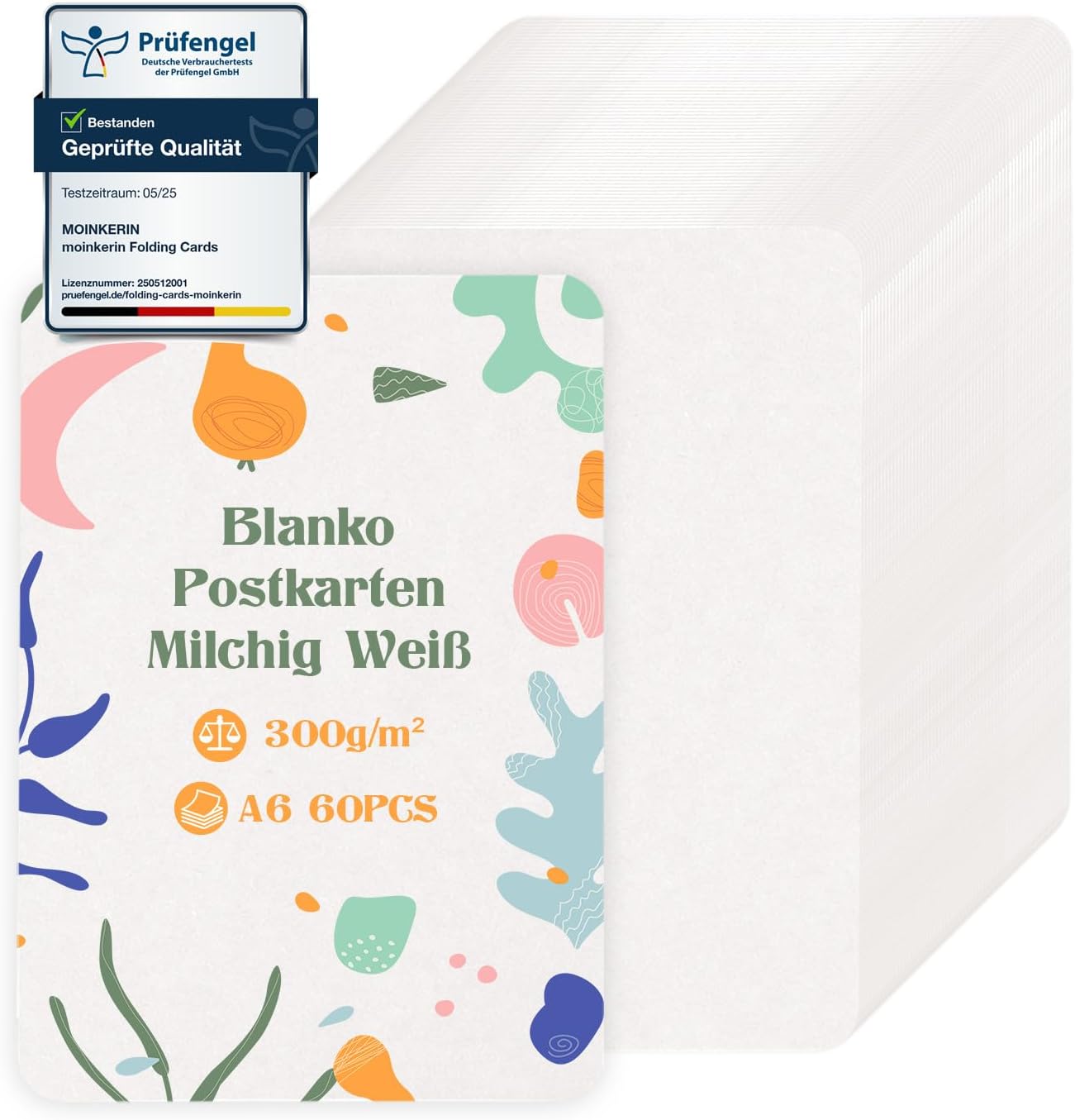moinkerin Pack of 60 A6 Kraft Paper Cards, 300 g/m², Milk White | Printable postcards blank cards in format 10.5 × 14.8 cm for DIY, wedding invitations, thank you cards
