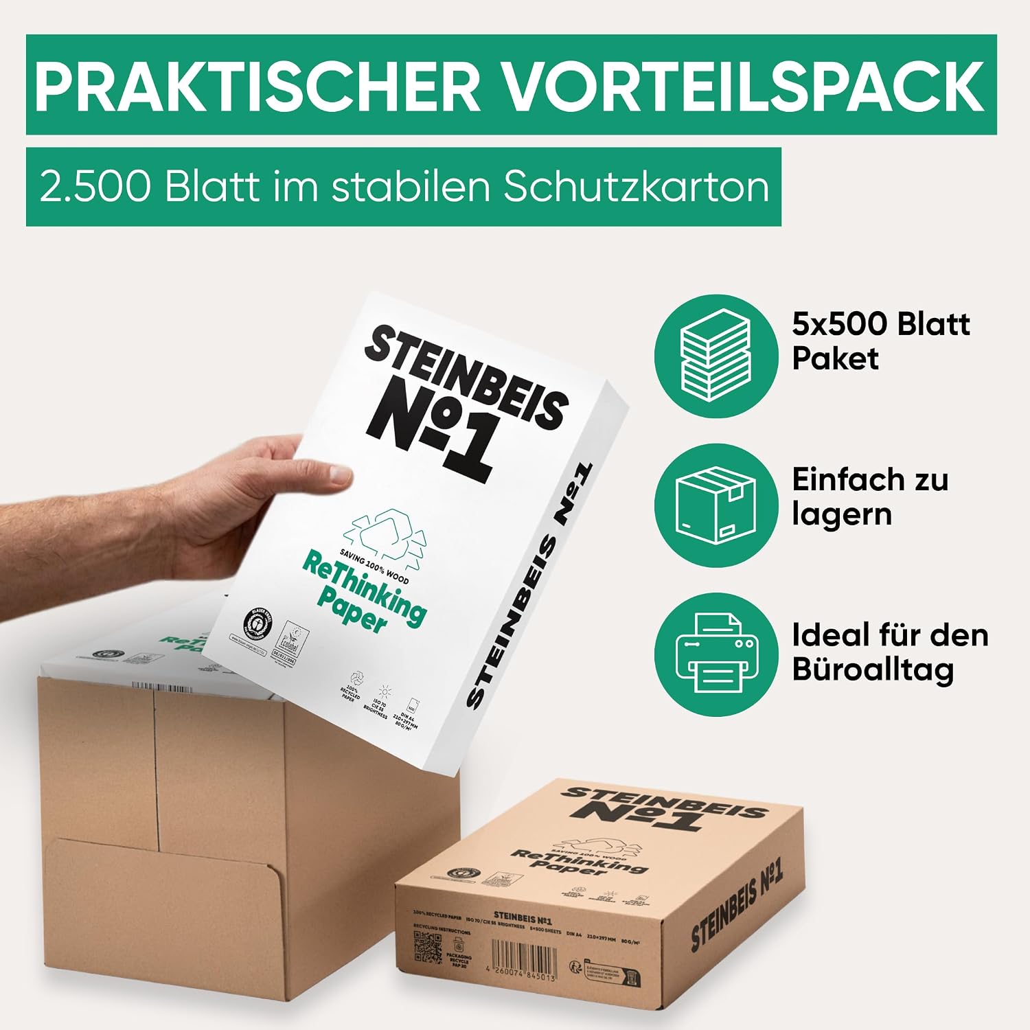 Steinbeis No.1 Printer Paper - 2500 (5 x 500) Sheets DIN A4 Recycled Paper 80gsm White & Chlorine Free High Quality Copier Paper ISO 70 / CIE 55 – Bild 5