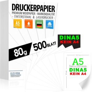 Printer Paper 80 g White A5 500 Sheets - 14.8 x 21 cm - Premium Paper | Reinweiß - Kopierpapier, Laserdrucker & Tintenstrahl für Uni, Fotografie, Büro & Office - MADE IN GERMANY - ACHTUNG DIN A5
