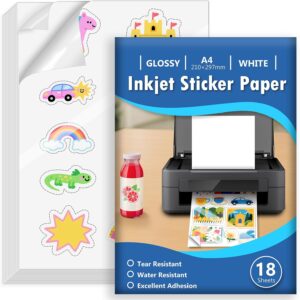 Euqvunn 18 Sheets Sticker Paper for Printing Yourself, A4, Glossy White, Waterproof Printable Vinyl Sticker Paper, Self-Adhesive, Full Page for Inkjet Printers, Quick-Drying, 210 x 297 mm