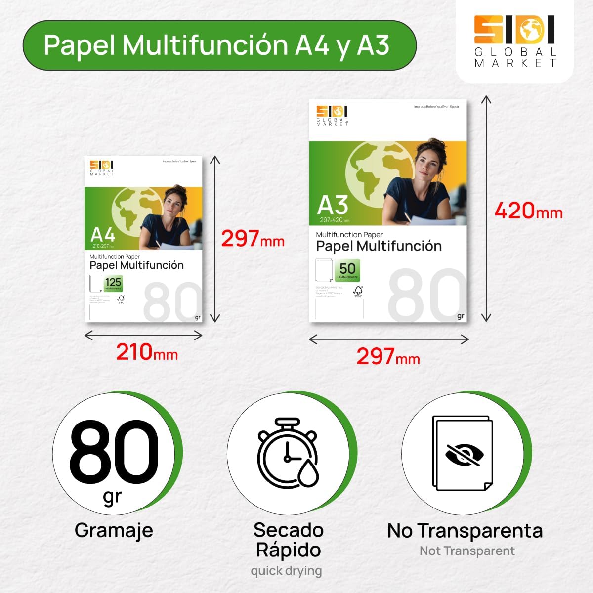 A4 Paper 80 g, Printer Paper for Laser and Inkjet Printers, White Paper for Printing, Writing or Drawing, DIN A4 210 x 297 mm, Paper Package for Office and Home - SIDI (80 g, 250 Sheets) – Bild 2