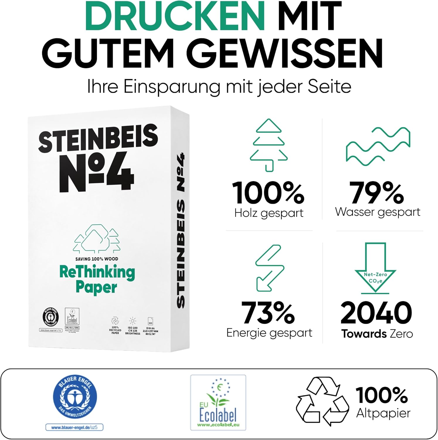 Steinbeis No.4 Printer Paper - 2500 (5 x 500) Sheets DIN A4 Recycled Paper 80gsm White & Chlorine Free High Quality Copier Paper ISO 100 / CIE 135 – Bild 2
