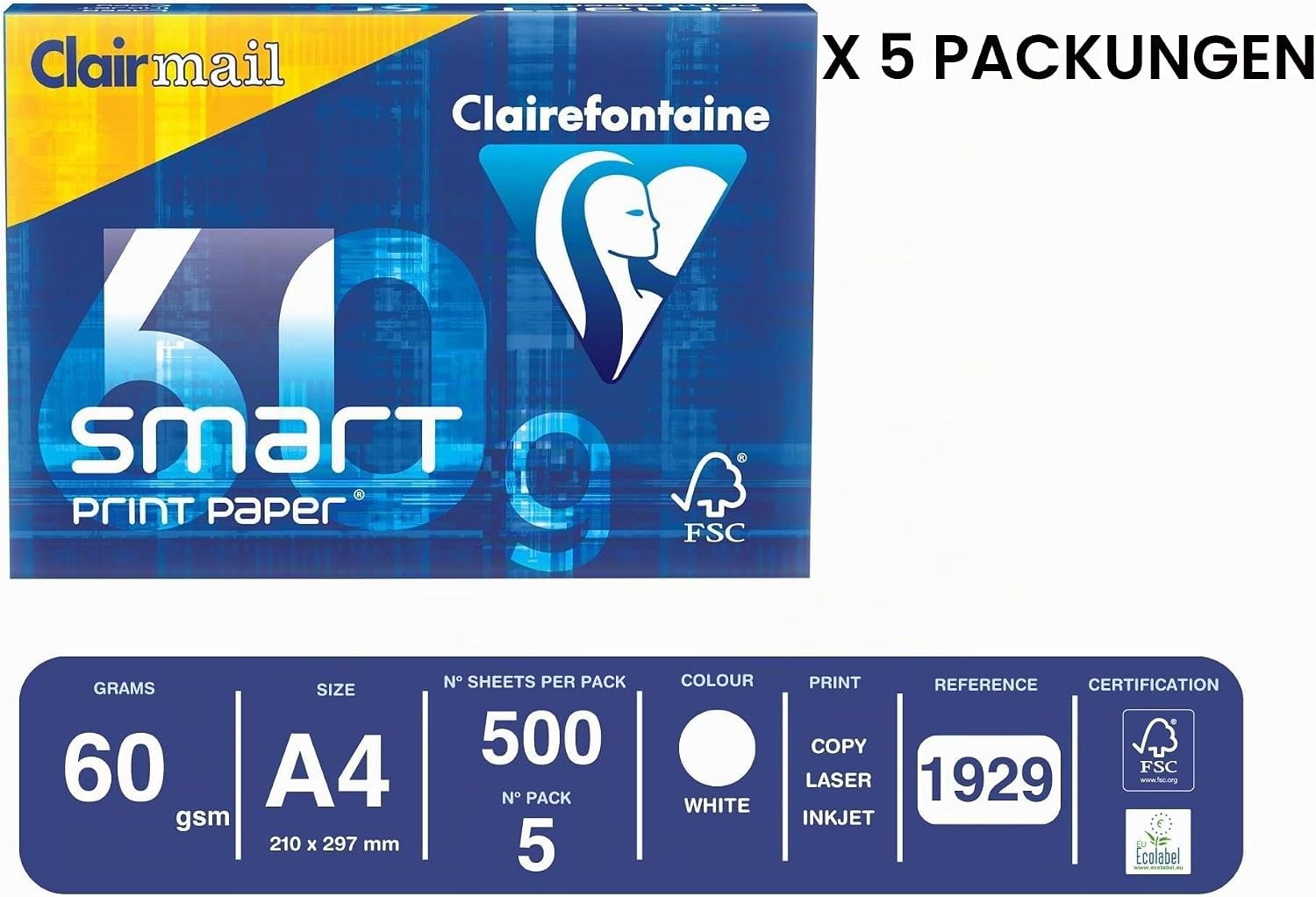 Clairefontaine 1929C Clairmail Copy Paper DIN A4 White 60 g / M ² Pack of 500 – Bild 3