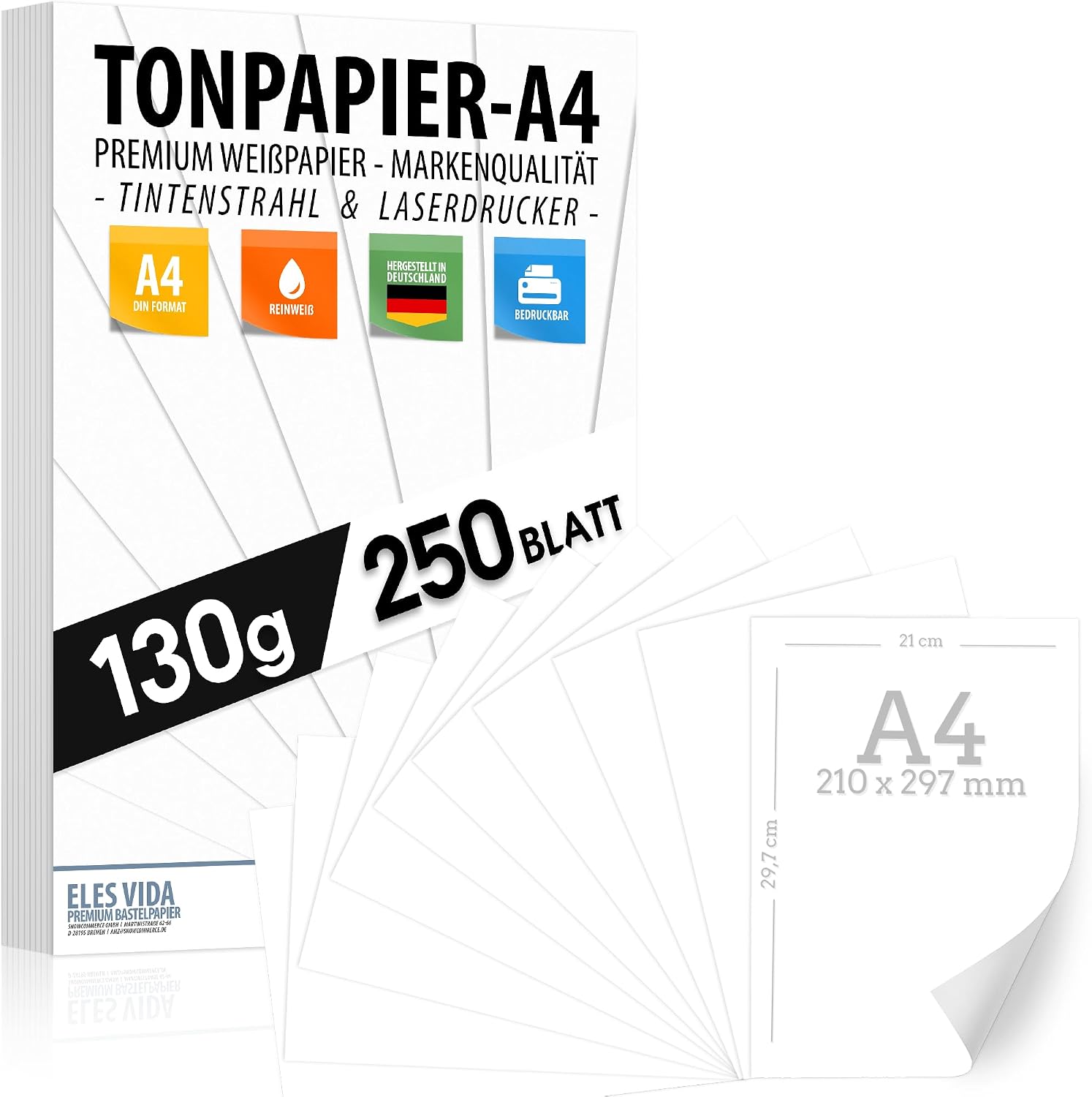 250 Sheets White Coloured Drawing Paper 130 g/m² – Premium Paper Pure White – DIN A4 – 21 x 29.7 cm – Printer Paper White Blank for Photography, Presentations, Crafts, Photo Cardboard, Made in Germany