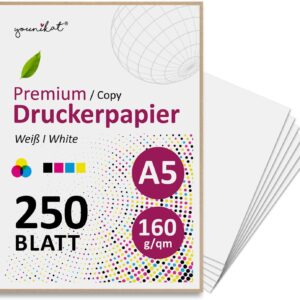 younikat you0193 160 g/m² Blank Printer Paper DIN A5 250 Sheets White | Suitable for all standard laser and inkjet printers, 21 x 14.8 cm, for copying, crafts, certificates, bright white
