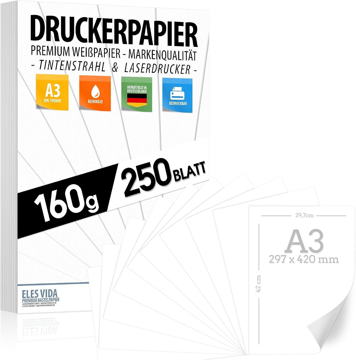 Printer Paper A3 160 g White - 250 Sheets - Premium Paper Pure White