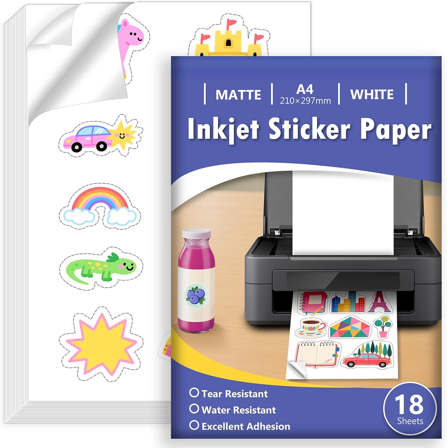 Euqvunn 18 Sheets Sticker Paper for Printing Yourself, A4, Matte White, Waterproof Printable Vinyl Sticker Paper, Self-Adhesive, Full Page for Inkjet Printers, Quick-Drying, 210 x 297 mm