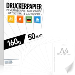50 Sheets White Printer Paper A4 160 g White – Premium Paper Pure White | DIN A4-21 x 29.7 cm – Drawing Paper Thick for University, Photography, Presentations, Crafts, High-Quality Application Paper