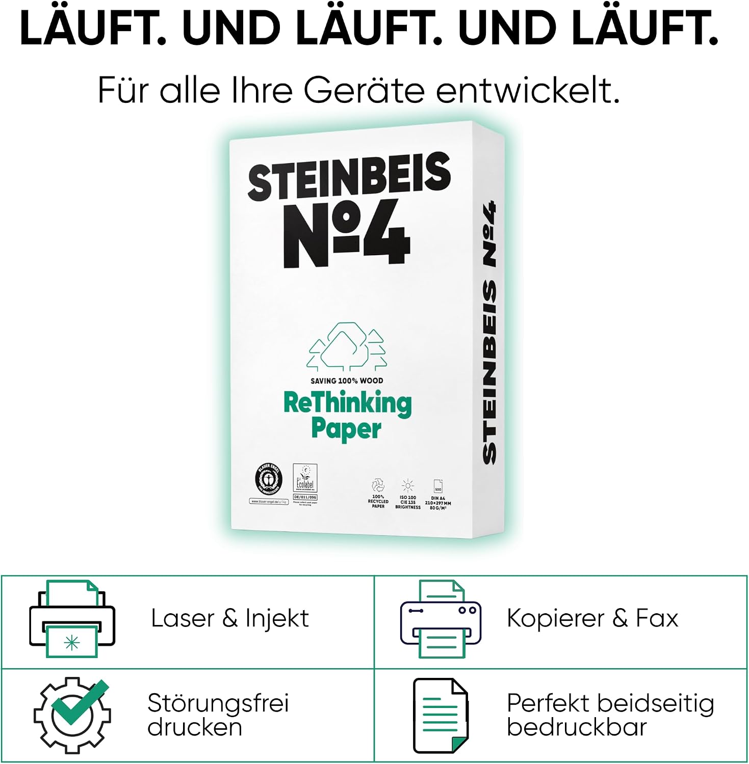 Steinbeis No.4 Printer Paper - 2500 (5 x 500) Sheets DIN A4 Recycled Paper 80gsm White & Chlorine Free High Quality Copier Paper ISO 100 / CIE 135 – Bild 4