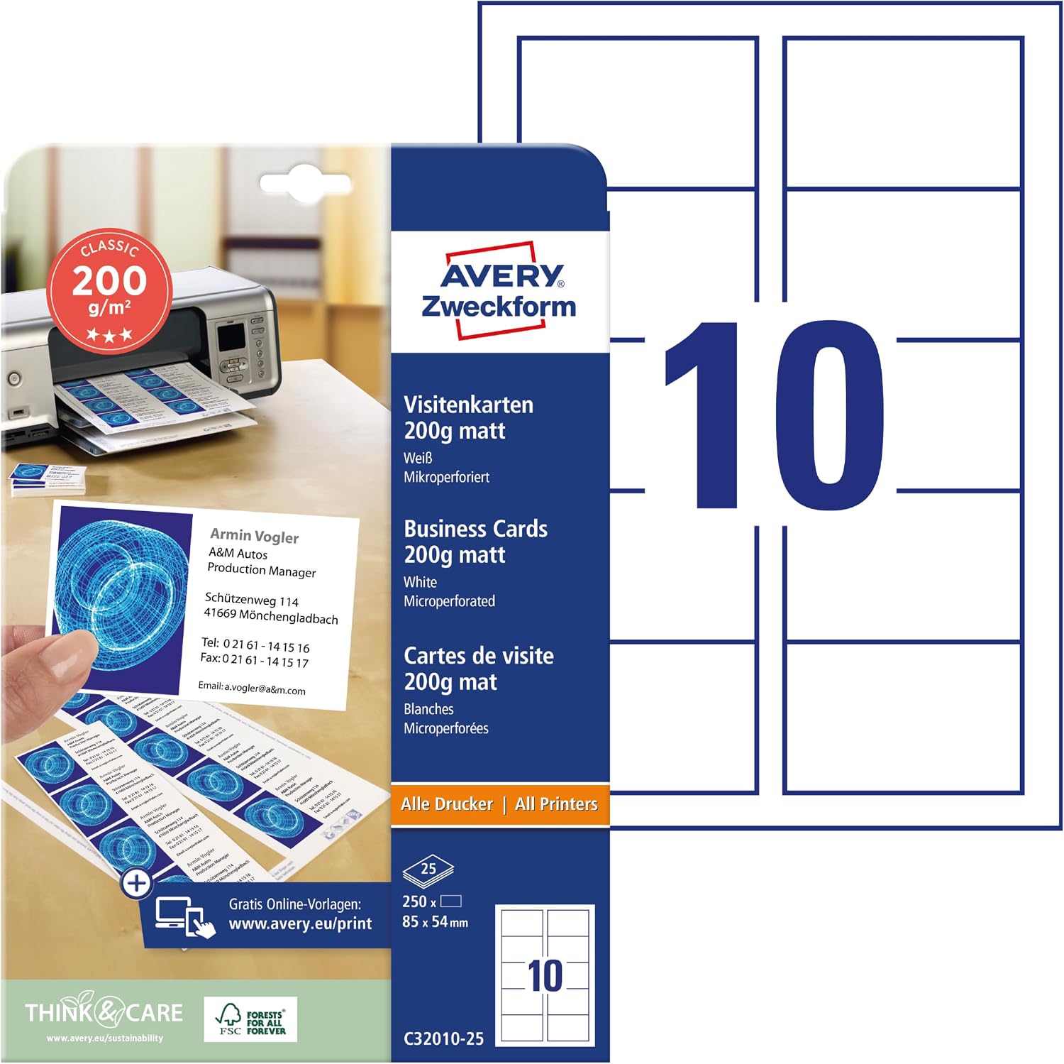 Avery Zweckform C32010-25 Classic Business Cards 85 x 54 mm Printable on Both Sides Matt 25 Sheets - Pack of 250