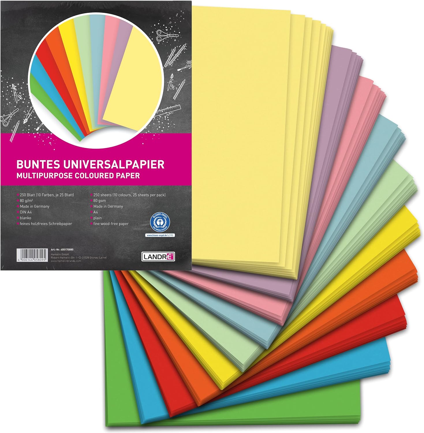 LANDRÉ 250 Sheets A4 Coloured Universal Paper 80gsm Printer Paper 10 Colours