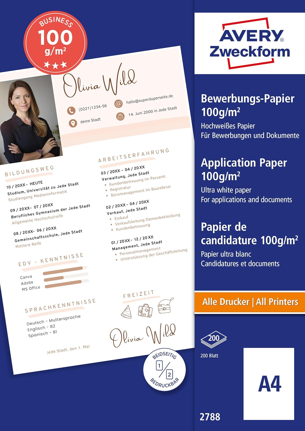Avery Zweckform 2788 Business Inkjet Application Paper (200 Sheets, 100 g/m², A4, Satin Printer Paper, Coated on Both Sides, Instant Dry & Smudge-Proof, Business Paper for Inkjet Printers) White