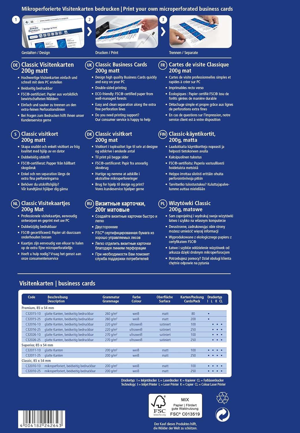 Avery Zweckform C32010-25 Classic Business Cards 85 x 54 mm Printable on Both Sides Matt 25 Sheets - Pack of 250 – Bild 8