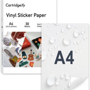 A4 Vinyl Sticker Paper 30 Sheets, Sticker Film, Printable, White, Matt, Self-Adhesive Waterproof Sticker Label, Vinyl Sticker for Inkjet Printers Laser Printers