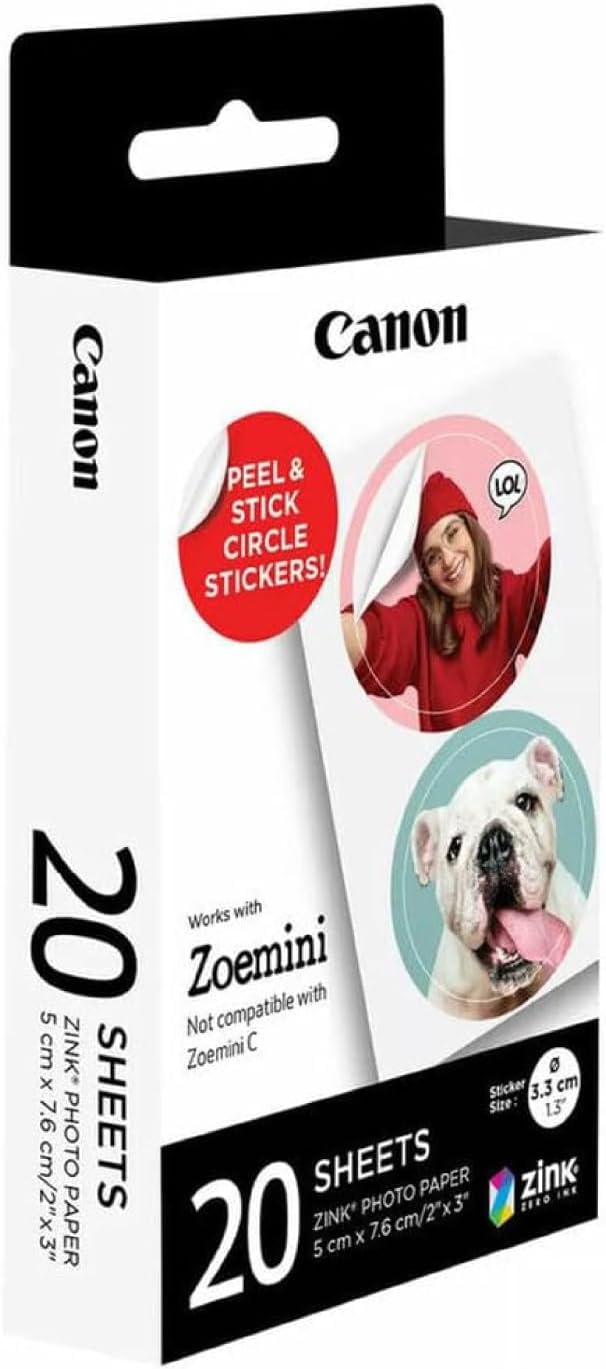 Canon Zinc Photo Paper - Pre-Made Circle Photo Stickers (20 Sheets) - Print Phone Photos for Personalised Stickers