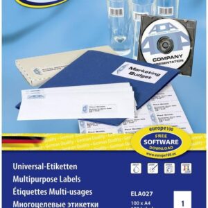 europe100 ELA027 Universal Labels 210 x 297 mm 100 Sheets / 100 Labels White 210 x 297 mm