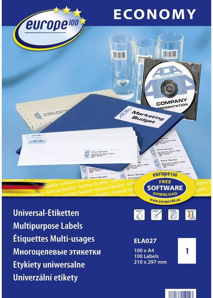 europe100 ELA027 Universal Labels 210 x 297 mm 100 Sheets / 100 Labels White 210 x 297 mm