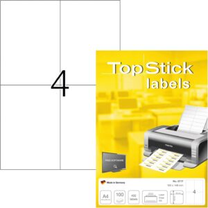 TopStick 8717 universal labels DIN A4 (105 x 148 mm, 100 sheets, paper, matt) self-adhesive, printable, permanent adhesive address label, 400 shipping labels, white