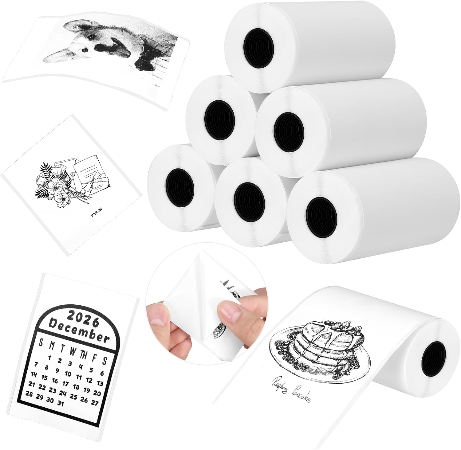 6 Rolls Mini Printer Rolls, 53 x 28 mm Printer Paper White Thermal Rolls Sticker Paper Self-Adhesive for Journal Study Notes Photo Printing