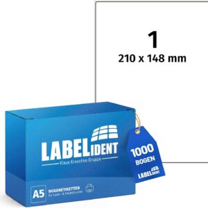Labelident Shipping Labels on DIN A5 Sheets, White, 210 x 148 mm, 1,000 Paper Labels on 1,000 Sheets, Self-Adhesive Shipping Labels A5 for DHL, DPD, Fedex, GLS, Hermes, UPS
