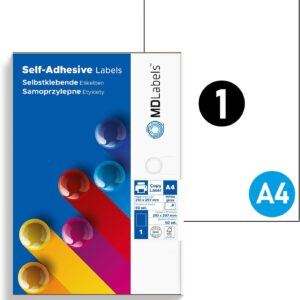 MD Labels High Gloss Labels DIN A4 210 x 297 mm - 50 Sheets - White - Glossy - Printable for Laser Printers - Blank Glossy Paper