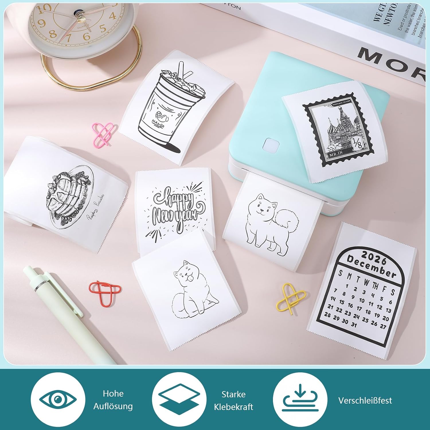 6 Rolls Mini Printer Rolls, 53 x 28 mm Printer Paper White Thermal Rolls Sticker Paper Self-Adhesive for Journal Study Notes Photo Printing – Bild 2