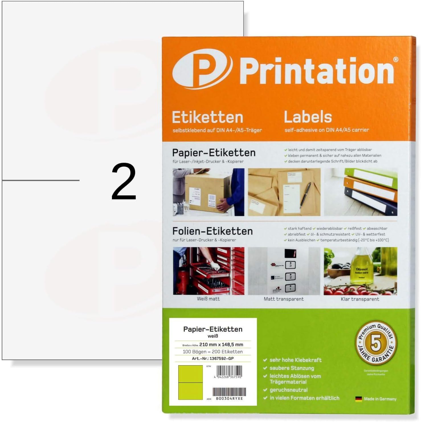 200 Labels A5 on A4 Sheet Self-Adhesive (210 x 148.5 mm = A5) Printable