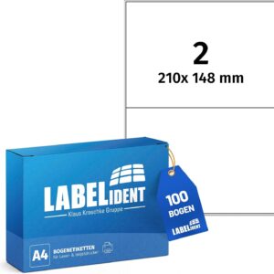 Labelident Laser Labels 210 x 148 mm, 2 Labels per A4 Sheet, 200 Labels (100 DIN A4 Sheets), Self-Adhesive, DIN A5 Address Stickers, Universal Labels for Laser & Inkjet Printers