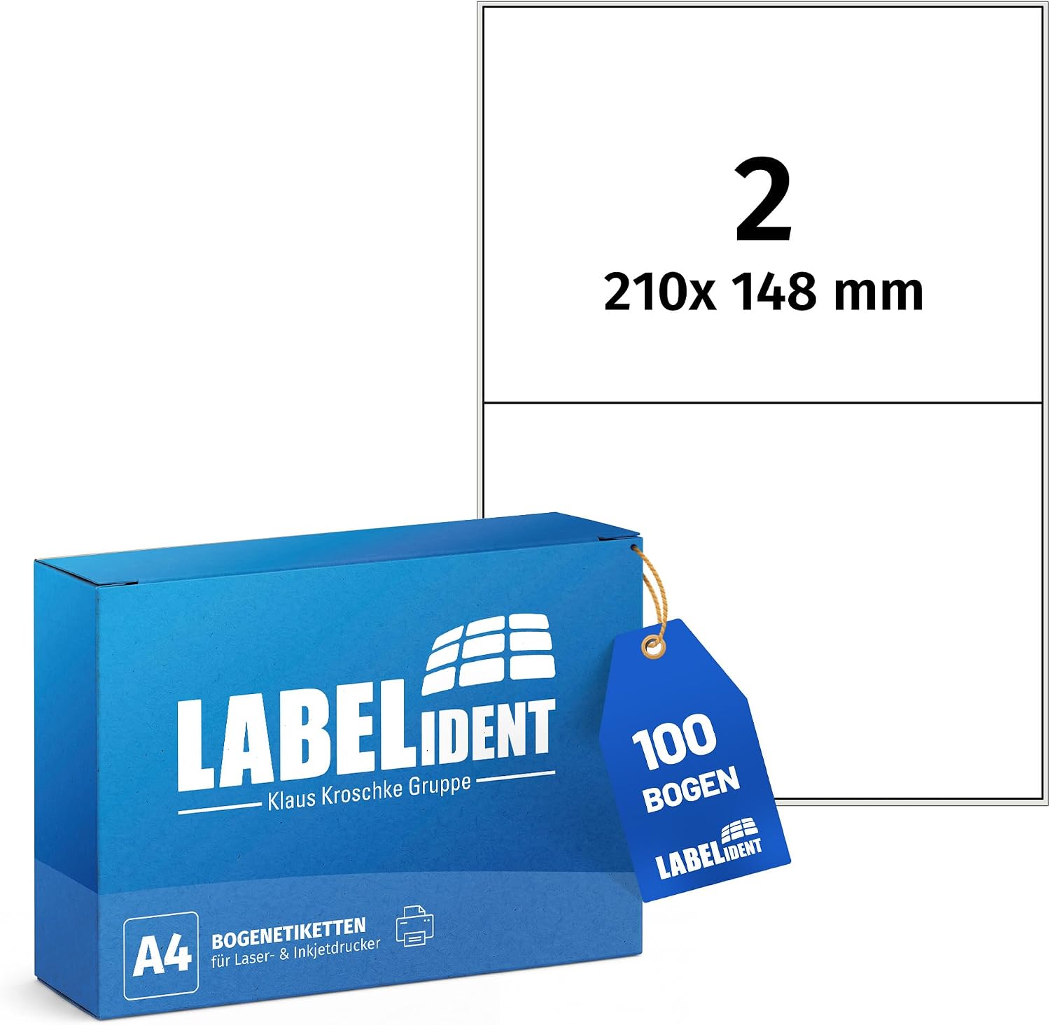 Labelident Laser Labels 210 x 148 mm, 2 Labels per A4 Sheet, 200 Labels (100 DIN A4 Sheets), Self-Adhesive, DIN A5 Address Stickers, Universal Labels for Laser & Inkjet Printers