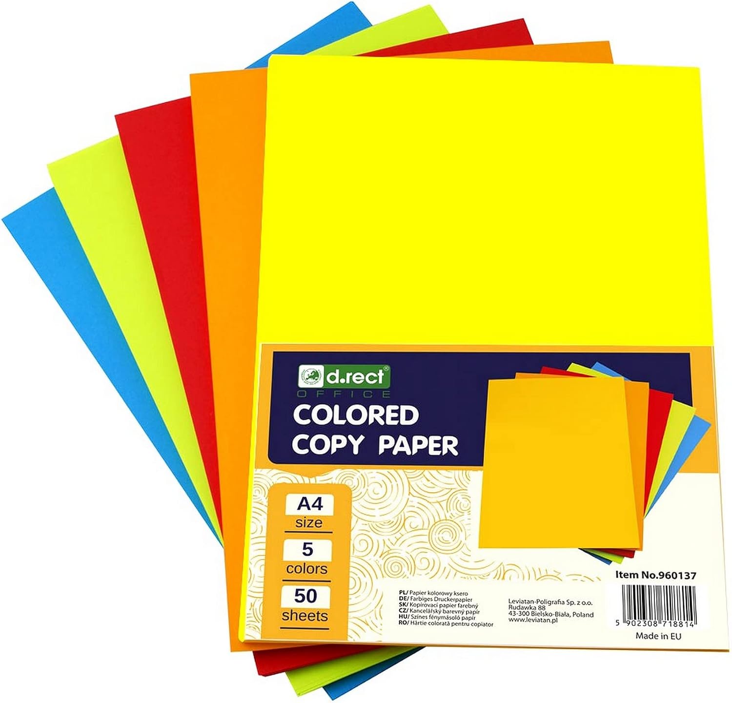D.RECT Copier Paper, Coloured Paper, Coloured A4, Coloured Printer Paper, Mix of 5 Colours, for Inkjet and Laser Printers, 5 x 50 A4 Sheets, 250 Sheets