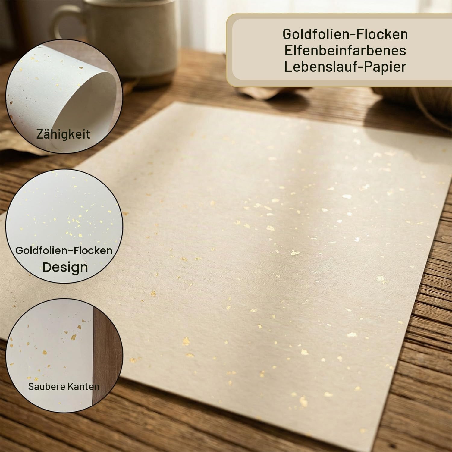 Acidea 50 Sheets Ivory A4 Paper, 120 g/m² A4 Cream Paper, One-sided Gold Foil Flakes Craft Paper, Coloured Paper, Certificate Paper, Used for Photo Album, Menu Card, Writing, Invitations, Letters – Bild 3