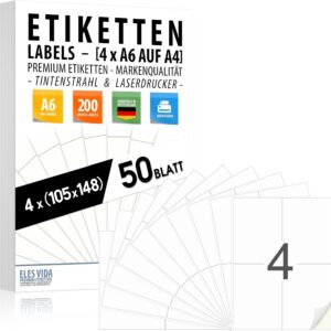 Labels 105 x 148 mm (4 x DIN A6 on DIN A4) – 50 Sheets – 200 Labels