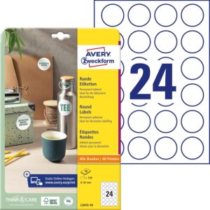 AVERY Zweckform L3415-10 Round Labels (240 Stickers on 10 Sheets, for Printing, Self-Adhesive, Diameter 40 mm, A4, Adhesive Dots for Labelling Documents, Products) White