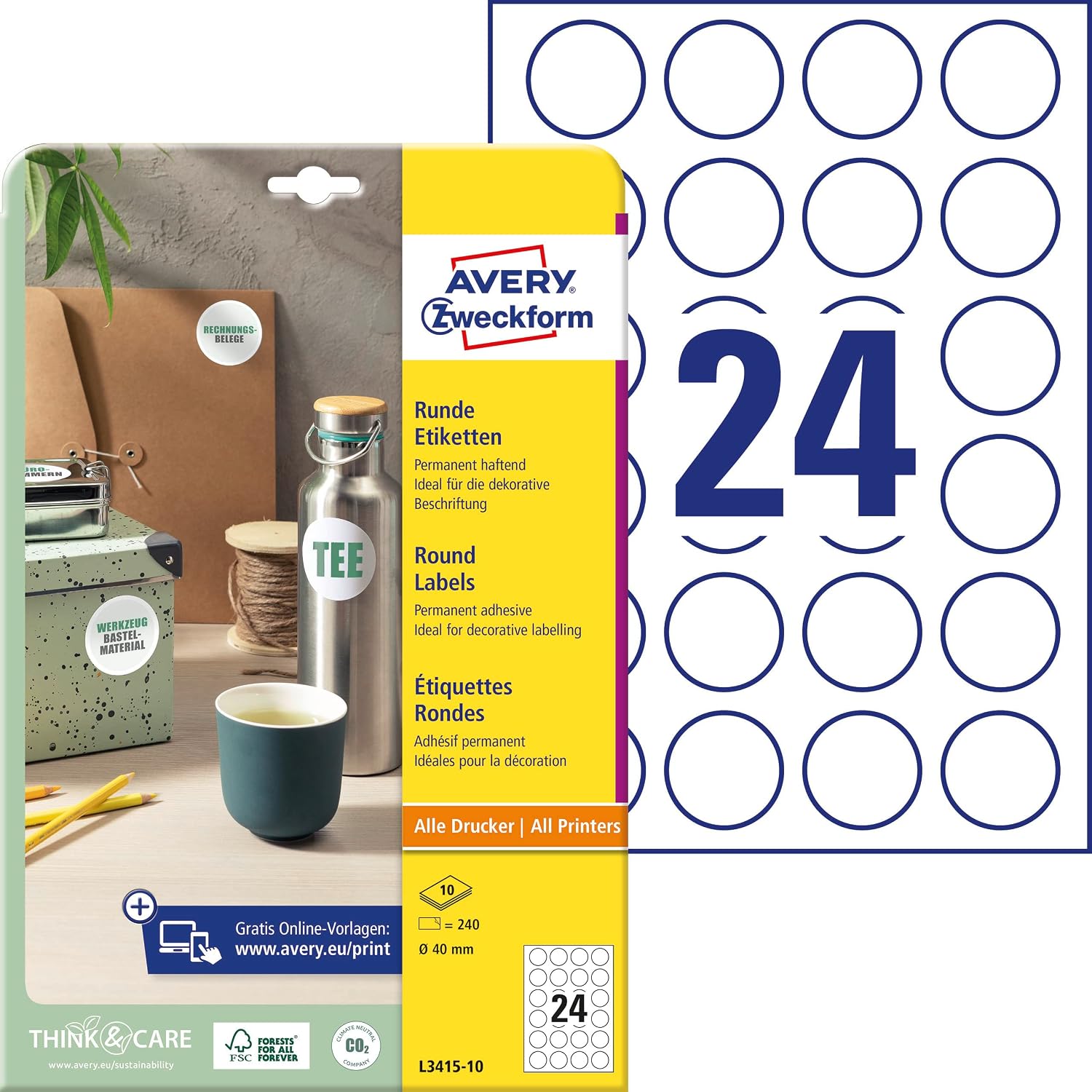 AVERY Zweckform L3415-10 Round Labels (240 Stickers on 10 Sheets, for Printing, Self-Adhesive, Diameter 40 mm, A4, Adhesive Dots for Labelling Documents, Products) White