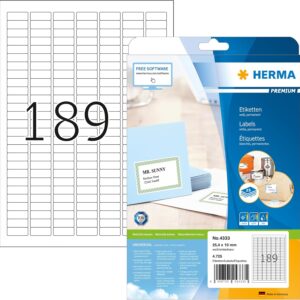 HERMA 4333 25.4x10mm Colour Laser Paper Rectangular Premium Multi Function Labels with Round Corners - Matte White (4725 Labels, 189 per Sheet)