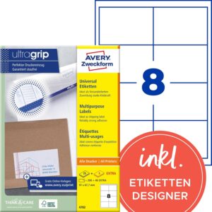AVERY Zweckform 4782 Universal Labels (200 Plus 40 Extra Adhesive Labels, 97 x 67.7 mm on A4, Printable Shipping Labels, Self-Adhesive Shipping Stickers with Ultragrip) 30 Sheets, White