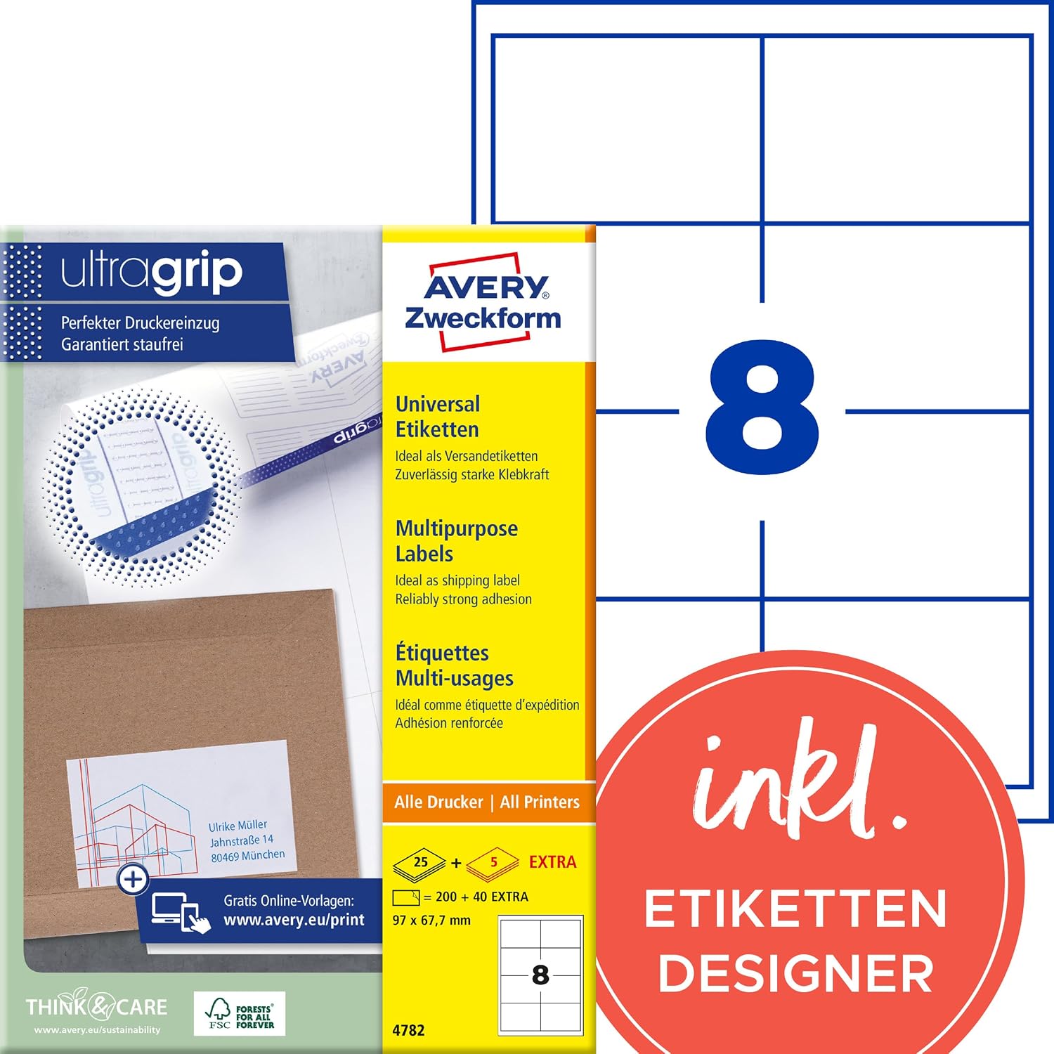 AVERY Zweckform 4782 Universal Labels (200 Plus 40 Extra Adhesive Labels, 97 x 67.7 mm on A4, Printable Shipping Labels, Self-Adhesive Shipping Stickers with Ultragrip) 30 Sheets, White