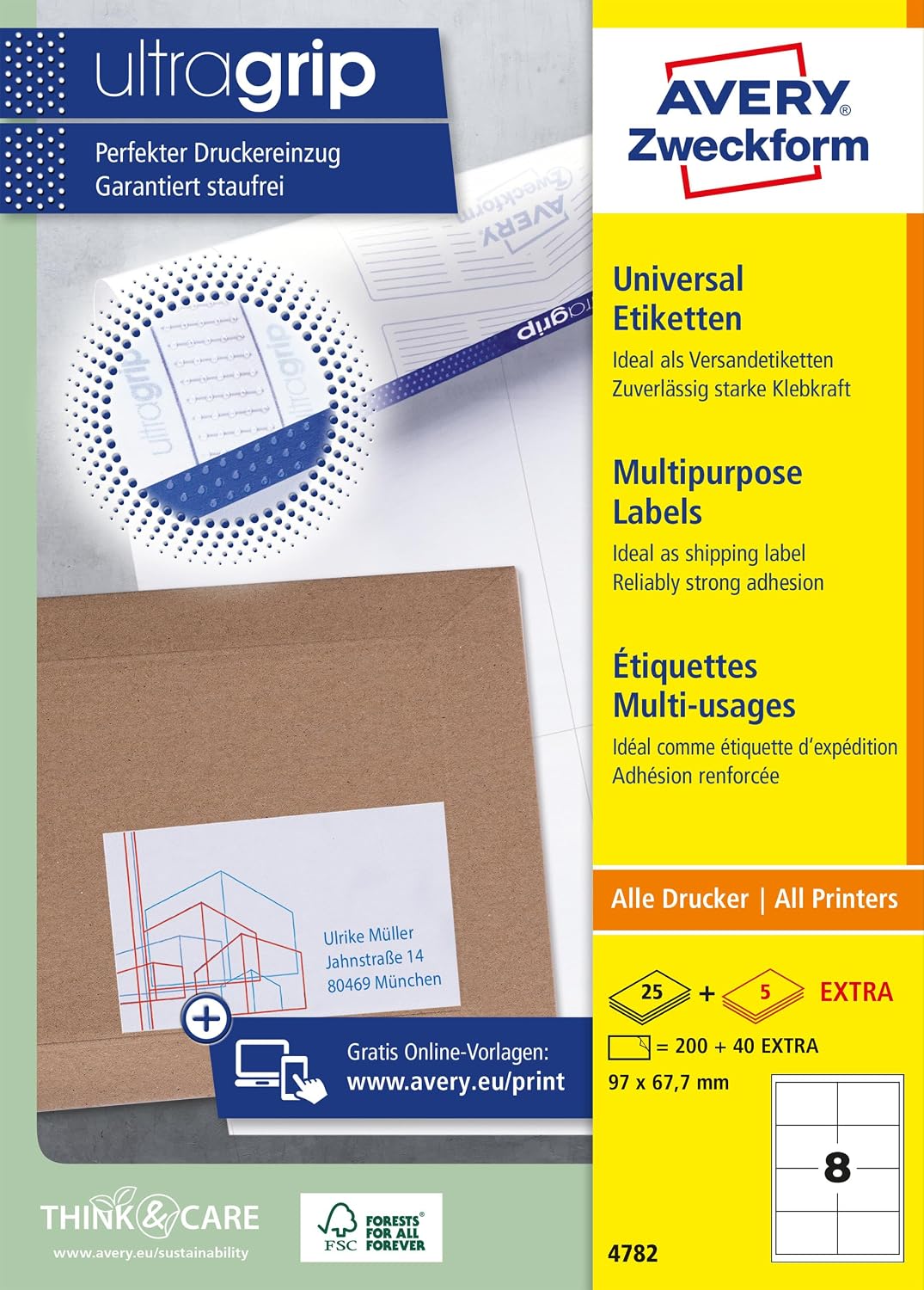 AVERY Zweckform 4782 Universal Labels (200 Plus 40 Extra Adhesive Labels, 97 x 67.7 mm on A4, Printable Shipping Labels, Self-Adhesive Shipping Stickers with Ultragrip) 30 Sheets, White – Bild 11