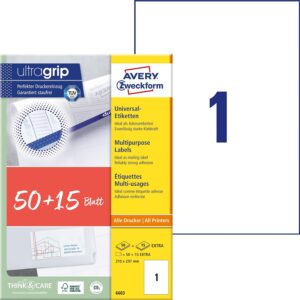 AVERY Zweckform 6603 Universal Labels (50 Plus 15 Extra Adhesive Labels, 210 x 297 mm on A4, Matte Paper, Printable Shipping Labels, Self-Adhesive Shipping Stickers with Ultragrip), 65 Sheets, White