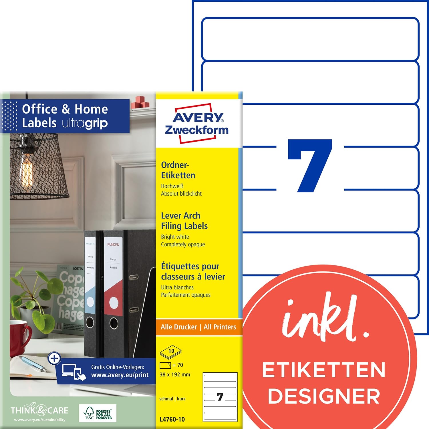 Avery Zweckform L4760-10 File Labels 192x38 mm White 10 Sheets for Inkjet Laser Copy