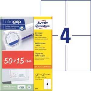AVERY Zweckform 6601 Universal Labels (200 Plus 60 Extra Adhesive Labels, 105 x 148 mm on A4, Matte Paper, Printable Shipping Labels, Self-Adhesive Shipping Stickers with Ultragrip), 65 Sheets, White