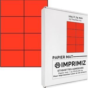 200 Self-Adhesive Labels Red Neon of 105 x 74 mm - 8 Labels / Sheets - 25 Sheets - A4 / Matte Paper - Colour - for Inkjet / Laser / Copier Printer - Coloured Labels