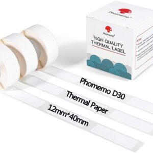 Phomemo D30 D30Pro Thermal Printer Paper Roll - Waterproof Printing Paper 12 x 40 mm / 0.47 x 1.57 Inch Self-Adhesive White for Wireless Portable Thermal Printers, 3 Rolls