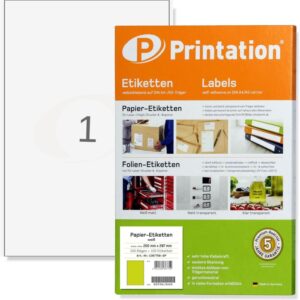 100 self-adhesive labels (200 x 297 mm = A4-5 mm margin left and right), printable